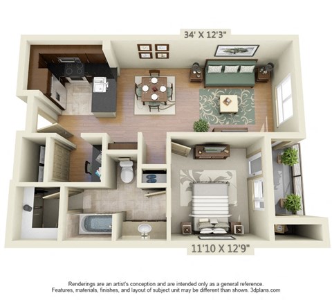 Floor plan for 1 bed, 1 bath, 917 sqft
